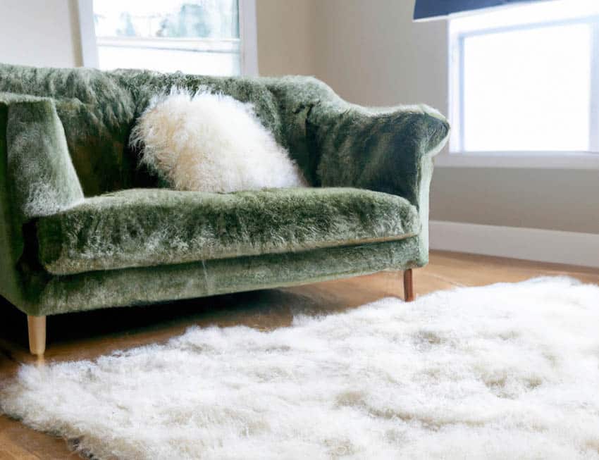 Green velvet couch with white shag rug and throw pillow