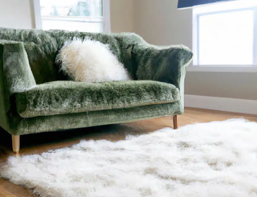 Green velvet chesterfield with white shag rug and single pillow