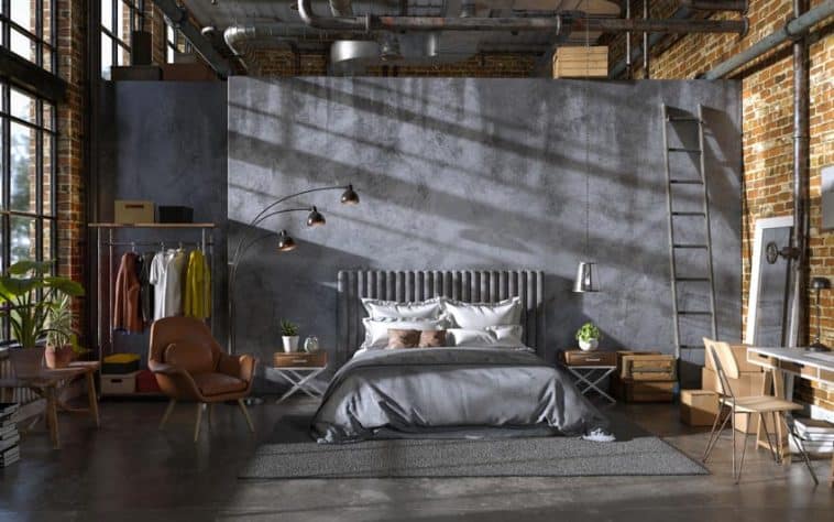 Industrial Bedroom Style Ideas Furniture   Industrial Bedroom With Bed Comforter Headboard Pillows Brick Wall Chair Concrete Wall Floors Window And Lamp Ss 758x474 