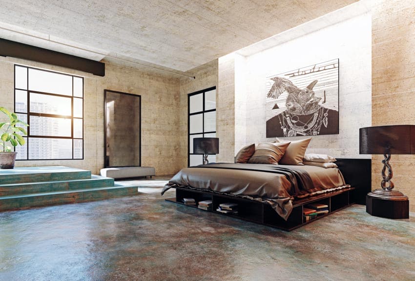 Industrial bedroom with metal nightstand, lamp, old metal flooring, bedding, pillows, windows, and indoor plants