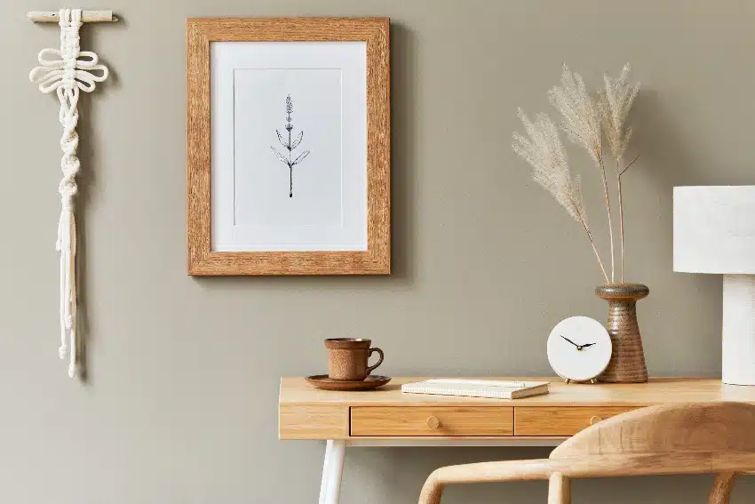 Interior design of boho style room with mock up poster frame, alder desk, dried flowers in vase, rattan decoration, cup of coffee and clock in home decor