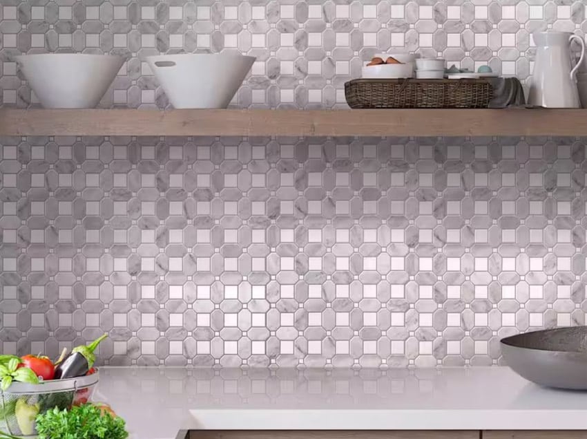 Kitchen with floating shelf, countertop, and peel and stick octagon tile backsplash