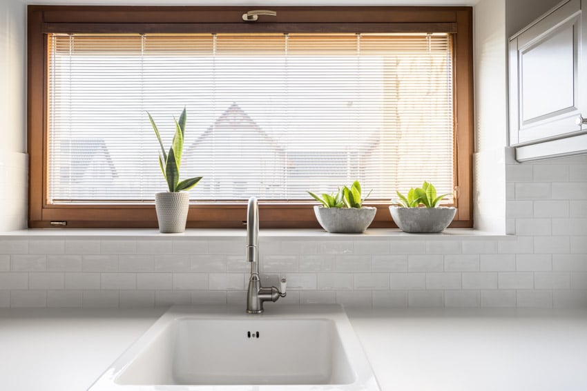Kitchen with tile backsplash, indoor plant, sink, faucet, and hopper window