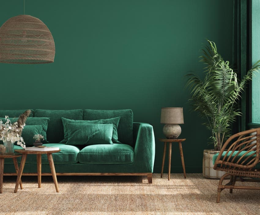 Living room with hunter green couch, coffee table, indoor plant, side table, chair, wood floor, and pendant light