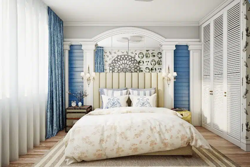 Beroom with sheer curtains blue accent walls and floral comforter