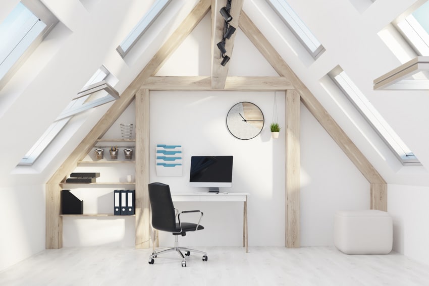 Minimalist attic office with desk, office chair, and skylight windows
