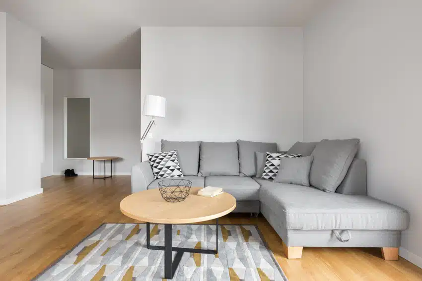 Minimalist living room with sofa, birch wood coffee table, white walls, and floor lamp