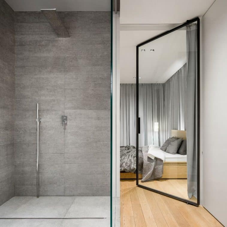 Vinyl Shower Walls Panels Tiles Planks   Modern Bathroom With Spacious Walk In Shower With Vinyl Panel Walls Next To Elegant Bedroom With Glass Door Ss 758x758 