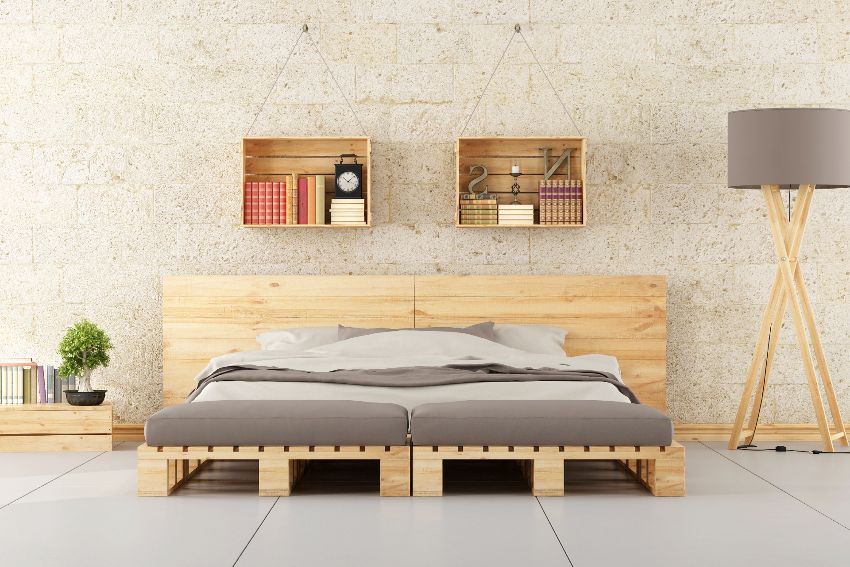 Modern bedroom with nepalese alder bed pallet on brick wall