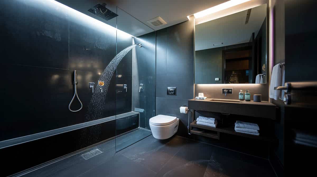 Modern dark bathroom with jet power nozzle sprayer