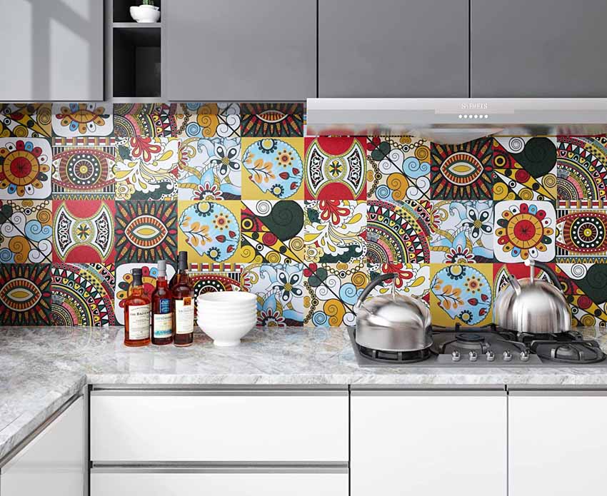 Modern kitchen with colorful tile, and marble countertop