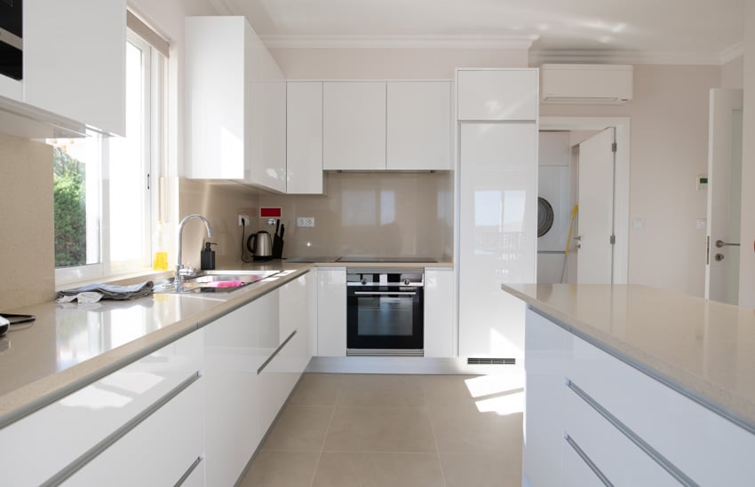 Modern kitchen with white laminate cabinets, stove, glossy backsplash, countertops, and window