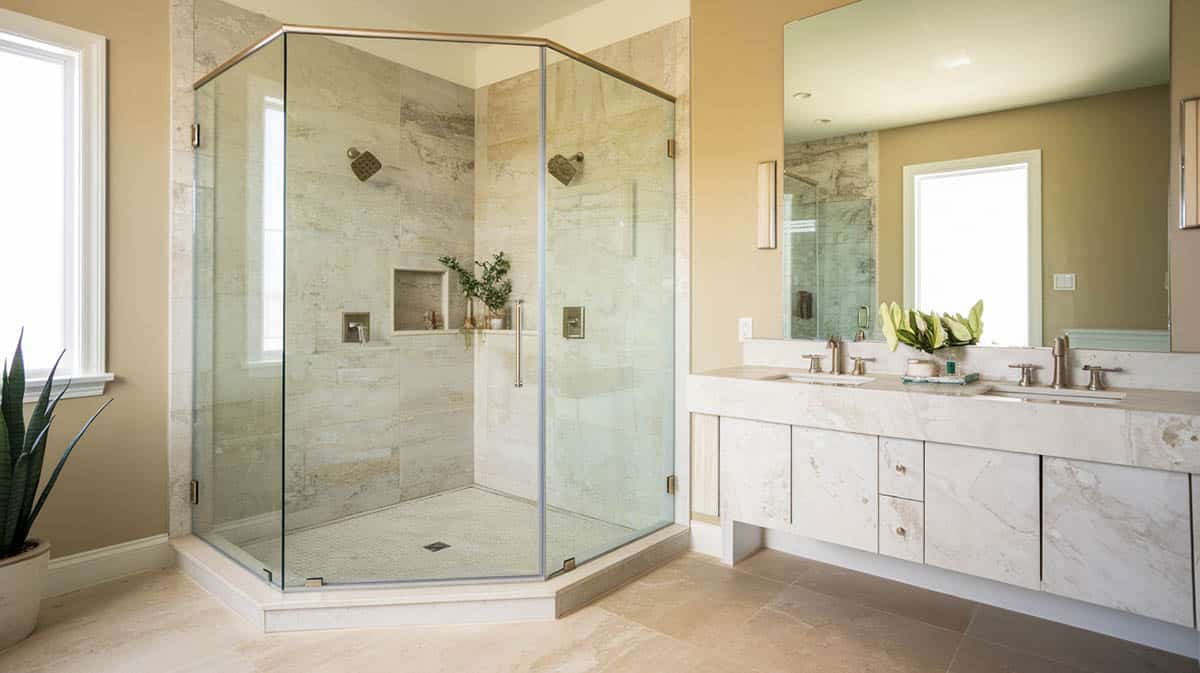 modern corner shower made with quartz tiles