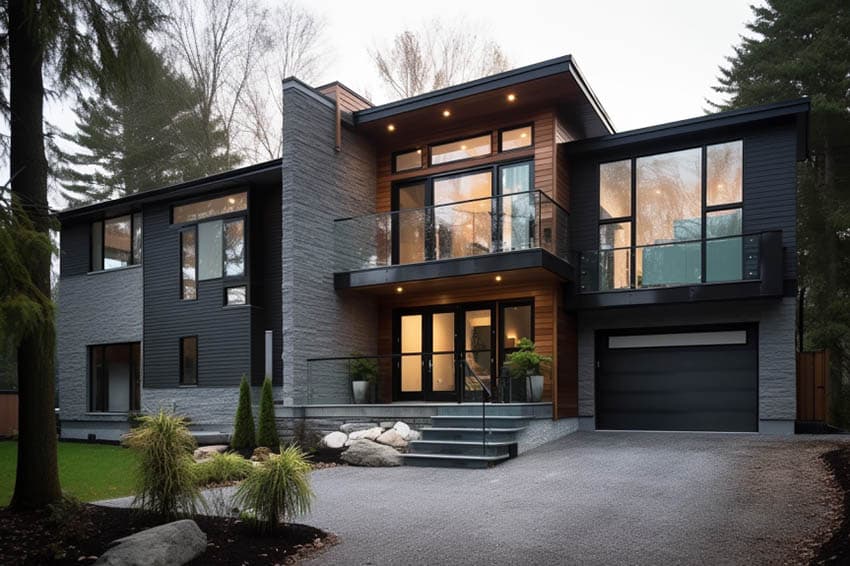 Modern reverse split level house exterior with garage, stone wall cladding, wood siding, flat roof, and windows