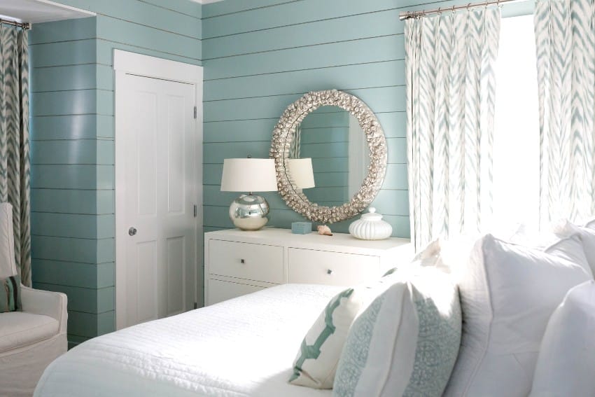 Pretty beach cottage bedroom furniture with white and teal tones