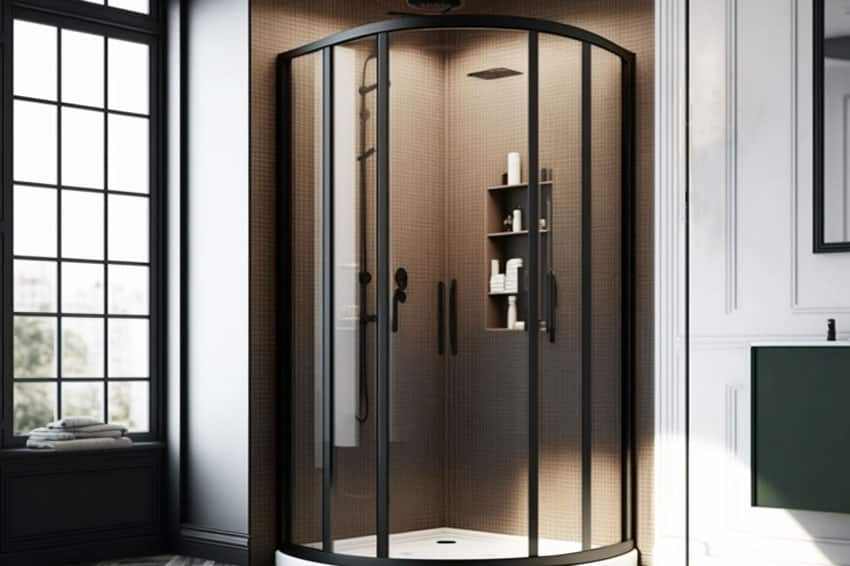 Round black frame shower beside a panel window