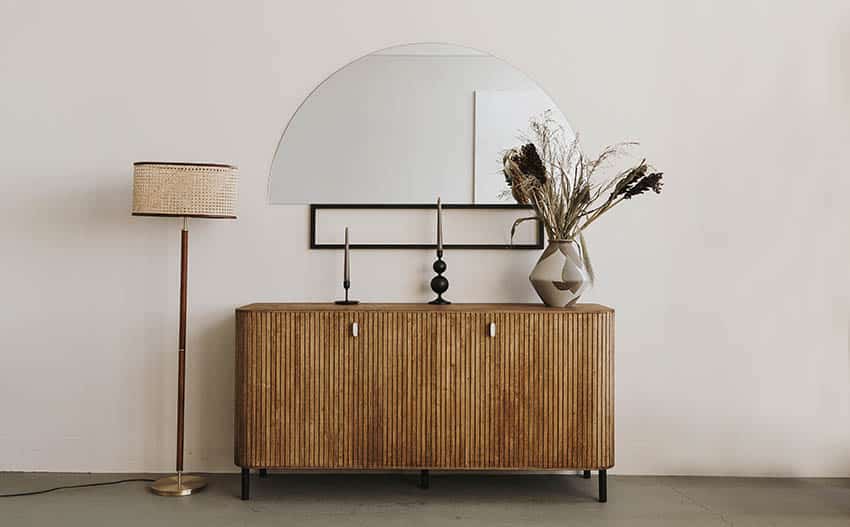 Scandinavian style credenza with mirror on wall floor lamp