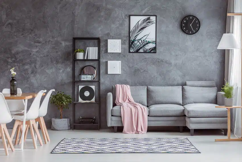 Studio apartment with area rug, gray sofa, freestanding shelf, concrete wall, dining table, and chairs