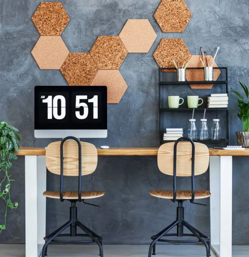 Stylish home office with geometric design wall accent and monitor with clock screensaver standing on wooden desk