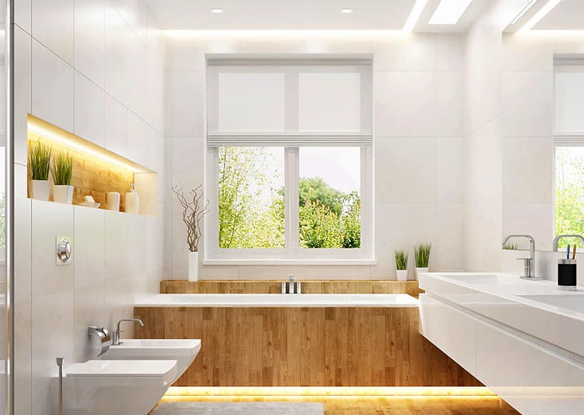 Bathroom with wood accents, window, floating toilet, and accent lighting