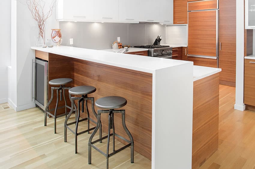 Modern kitchen with bar counter, steel stools, wood flooring, backsplash, and under-cabinet lighting