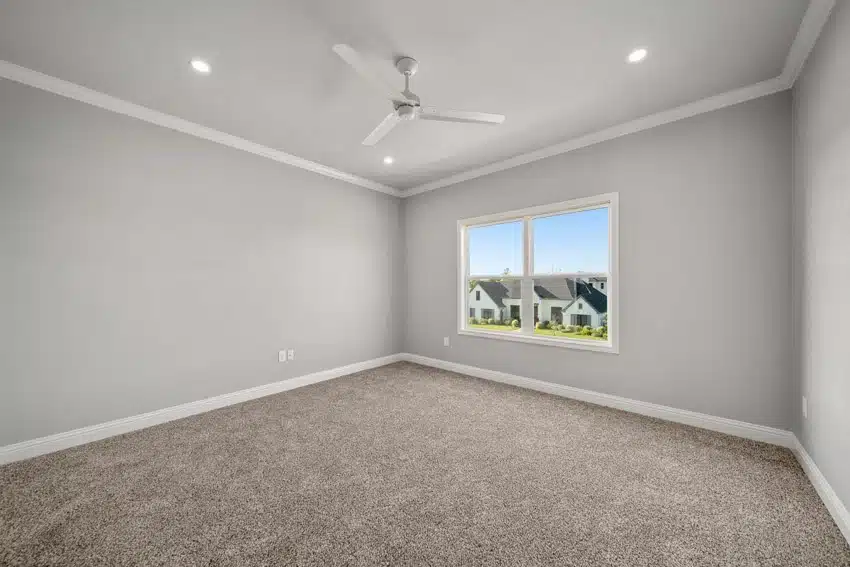 Craftsman flexible space room with gray walls, carpet flooring, window, ceiling fan, and ceiling lights