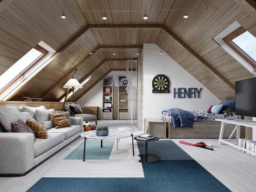 Attic living room with ceiling lights, skylight windows, coffee table, sofa, television, lamp, and bookshelves