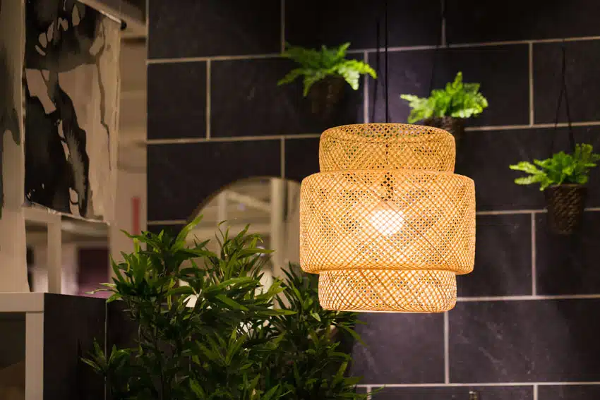 Bamboo pendant lights for attics with tile wall and indoor plants