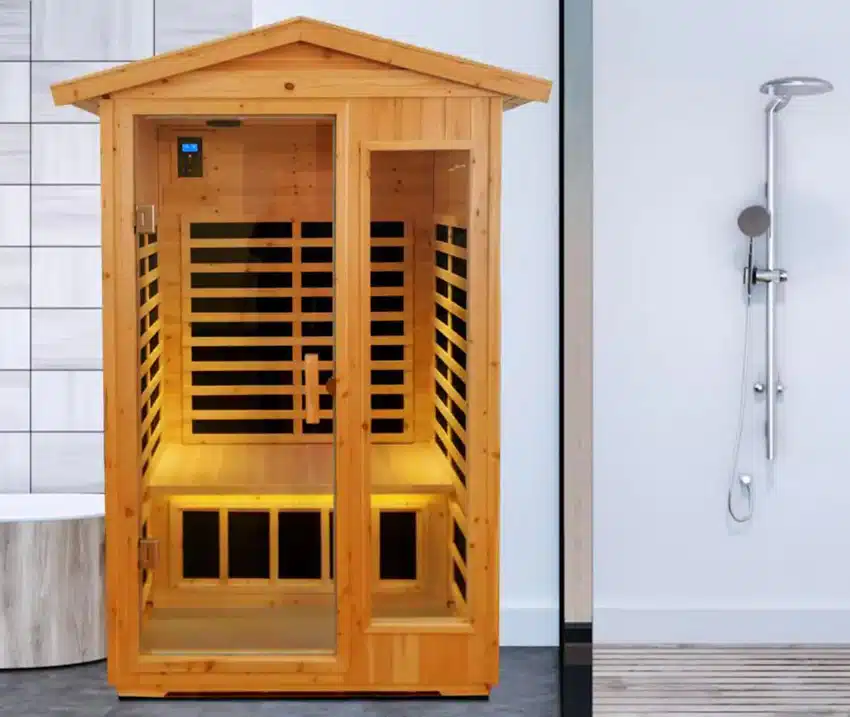 Bathroom with infrared sauna, shower, and showerhead