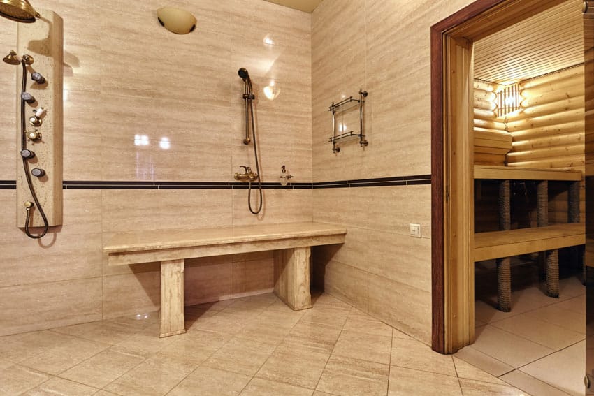 Bathroom with walk-in shower sauna combo, bench seating, and showerhead
