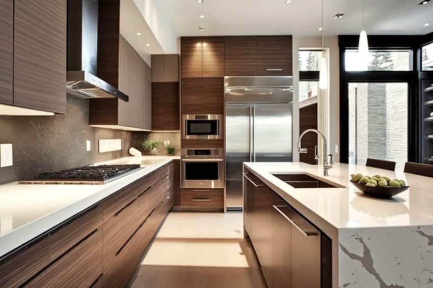 Contemporary kitchen with quartz counters, stone backsplash, oven, range hood, horizontal grain cabinets, and tile floors