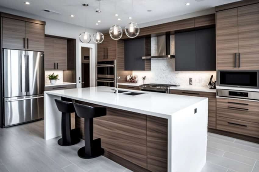 Contemporary kitchen with quartz island, cabinets, countertops, bar stools, backsplash, and round pendant lights