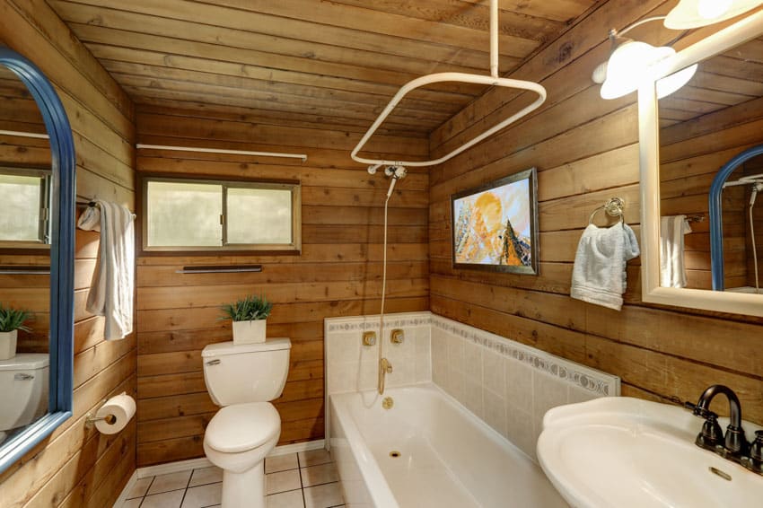 Cottage bathroom with wooden planks