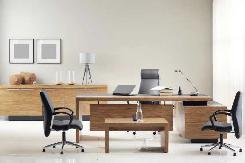 executive furniture including executive desk, chairs, lamps, and cabinets