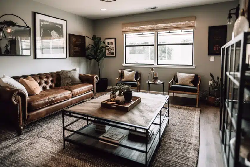 Farmhouse style industrial living room with metal finish, coffee table, windows, and leather sofa