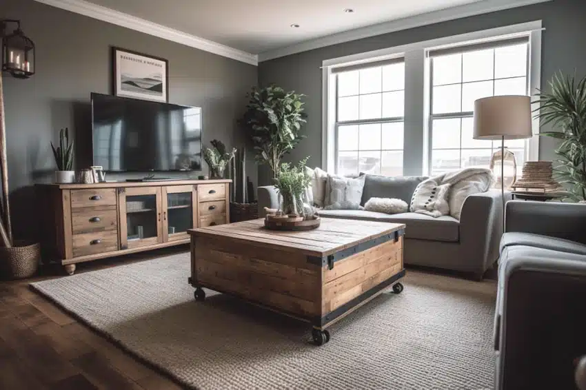 Farmhouse industrial living room with wood floors, reclaimed wood coffee table, and television