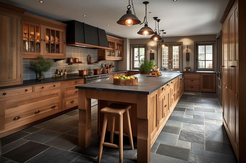 Farmhouse kitchen with island, wood cabinets, countertop, pendant lights, bar stool, slate tile floors, and tile backsplash
