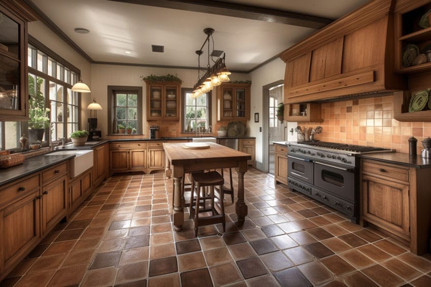 Farmhouse kitchen with wood cabinets, square tile floors, island, windows, sink, and pendant lights