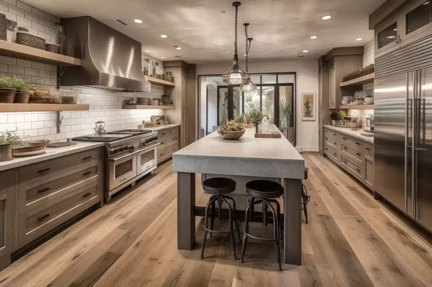 Farmhouse kitchen with island, subway tile backsplash, pendant light, bar stools, and countertop