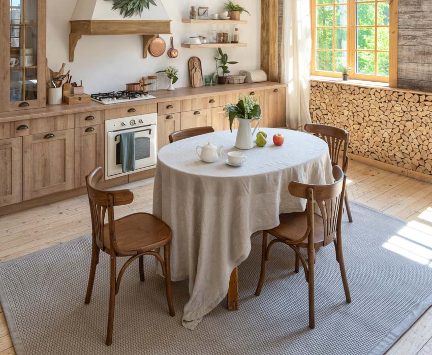 Farmhouse kitchen with dining table, chairs, wooden cabinets, oven, stove, range hood, and floating shelves
