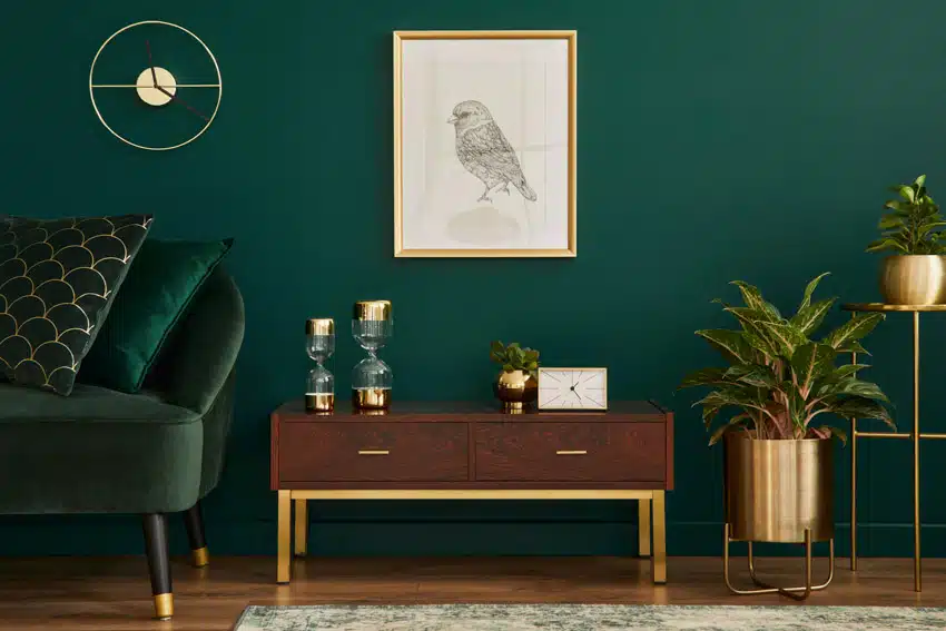Green living room with wood side table