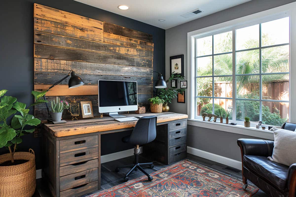 Office with dark gray accent painted wall