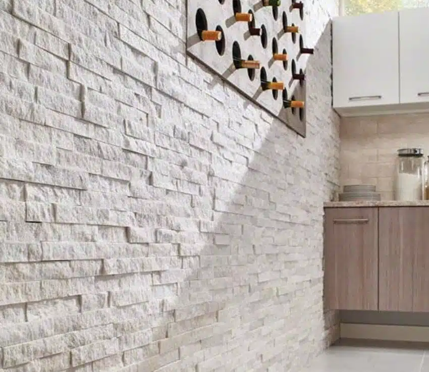Kitchen with stone panels and cabinets