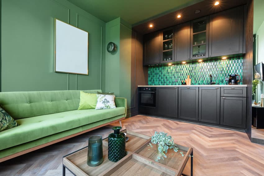 Wood look flooring, green wall, black cabinets, home bar, green backsplash, green couch, and coffee table