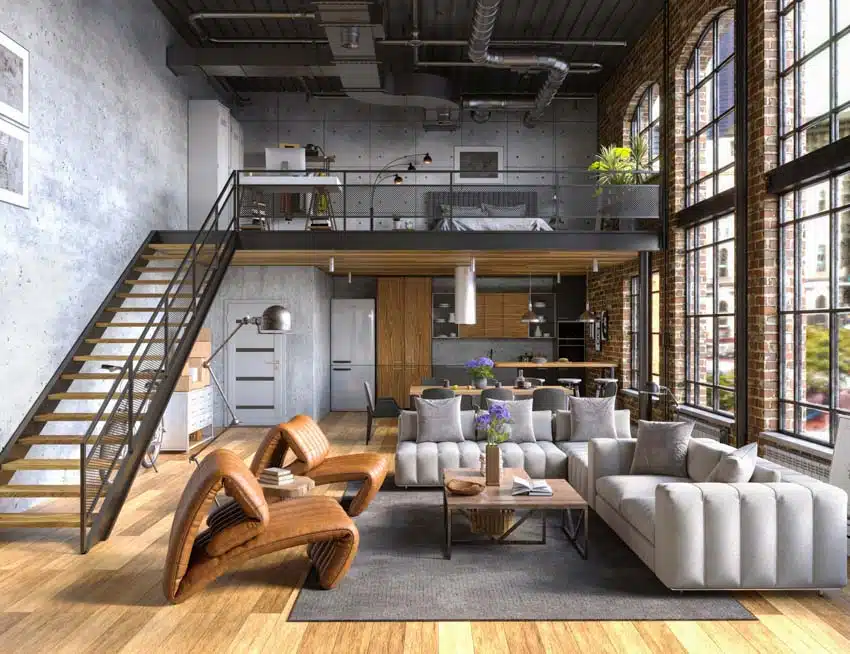 Living room with industrial paint colors, and loft bedroom floor