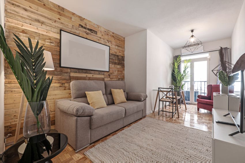 Living room with wood plank accent wall, couch, pattern rug, accent chair, indoor plants, and glass door