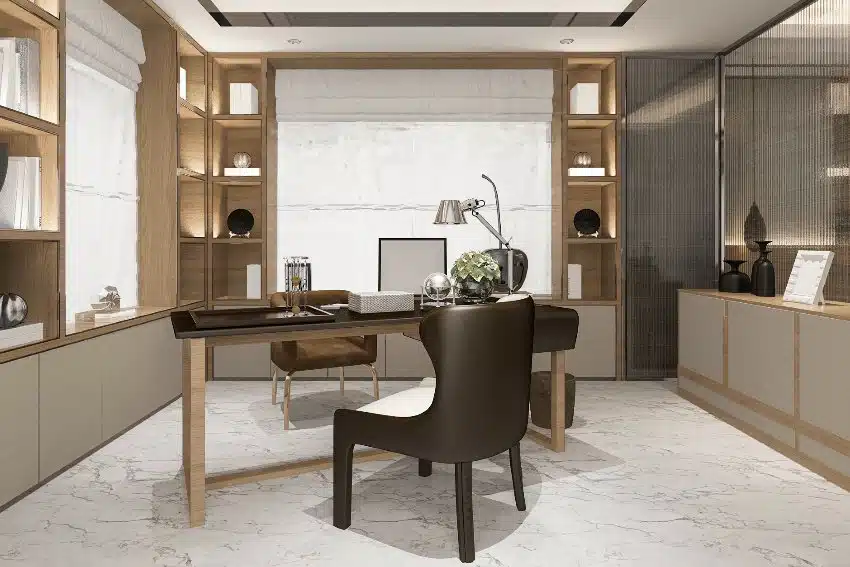 Luxury business meeting and working room with furniture, desk lamp and shelves