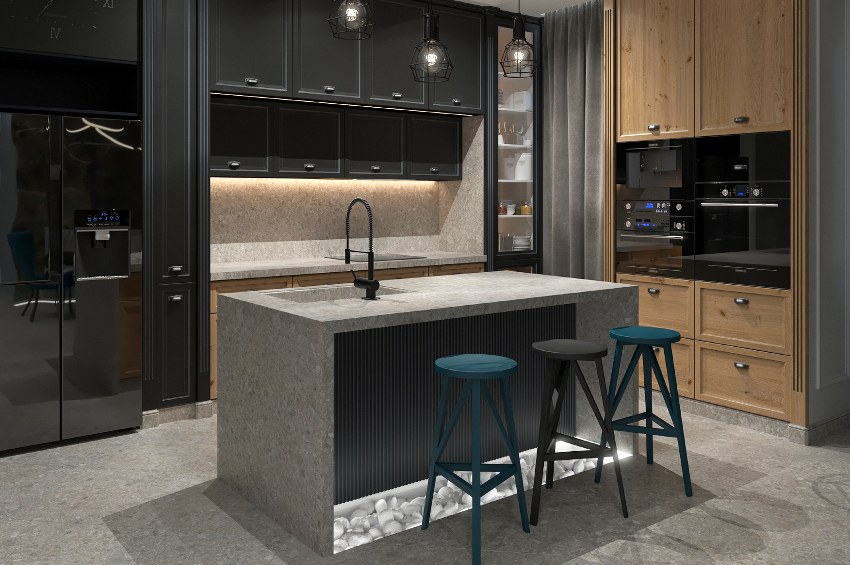 Modern kitchen interior with concrete terrazzo countertops