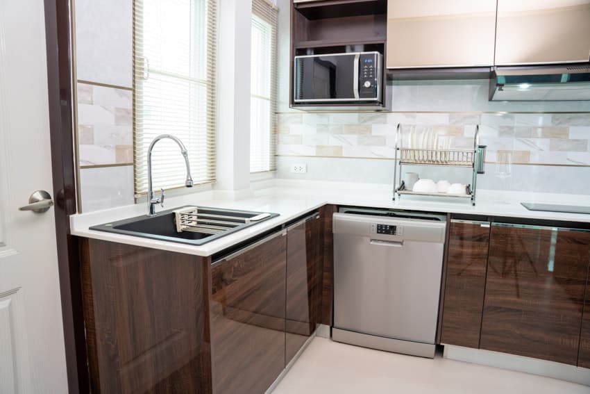 Modern kitchen with high gloss cabinets, dishwasher, sink, faucet, backsplash, and window