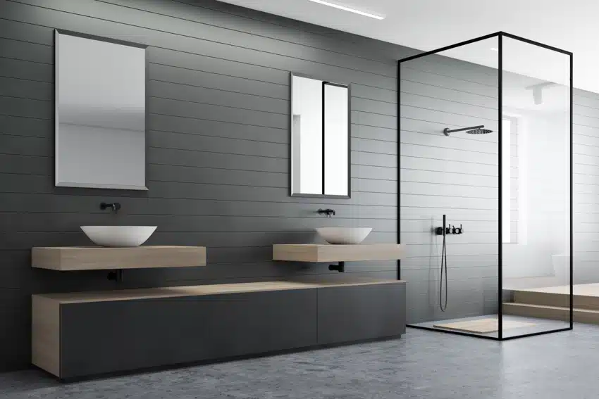 Modern minimalist bathroom with PVC walls, floating vanity, sinks, and mirrors